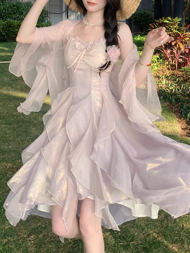 少女的梦 懵懂的幻想 紫色不规则荷叶边雪纺纱细闪前短后长连衣裙