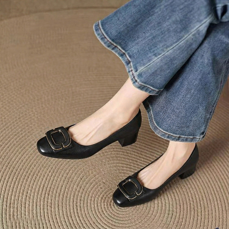 单鞋女2026新款复古方扣粗跟浅口真皮平底黑色通勤百搭妈妈鞋女鞋,女鞋,浅口单鞋,淘宝优惠券,粉丝福利购,淘宝优惠卷
