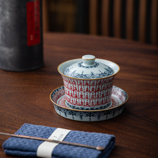 天青汝窑青花千佛盖碗月白陶瓷盖碗大号单个三才泡茶汝瓷开片盖碗