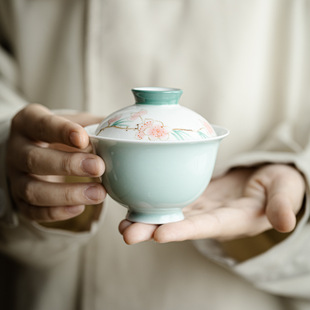 豆青手绘桃花元宝盖碗釉下彩盖子手作花卉泡茶碗文人茶具家用泡茶