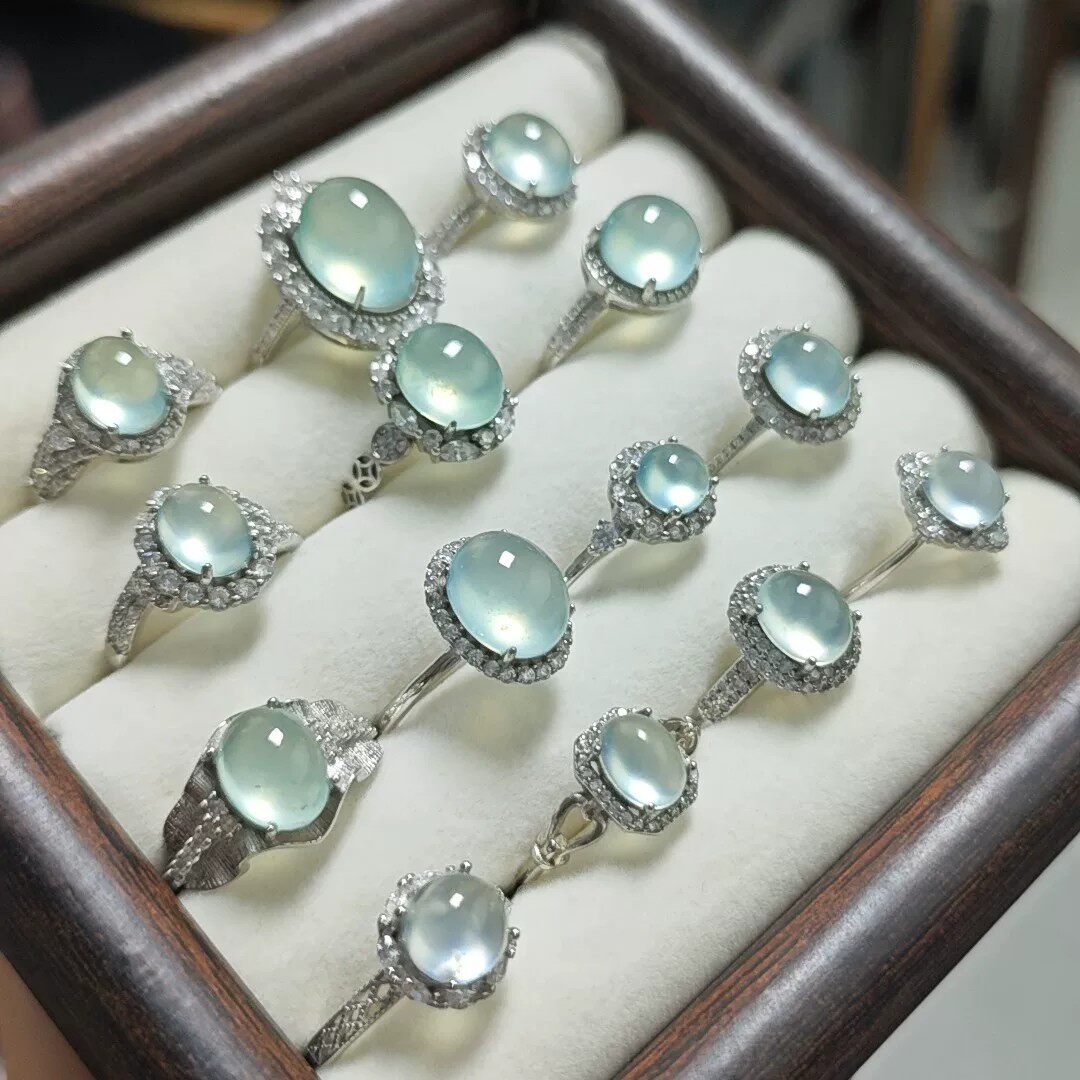 天然岫玉天青冻戒指925银豪华镶嵌冰蓝冰透玉石活口复古宫廷合集