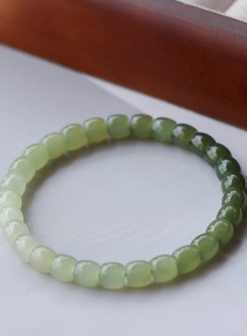 天然和田玉直切药片渐变色高冰晴水手串7*8mm直切和田玉手链青海