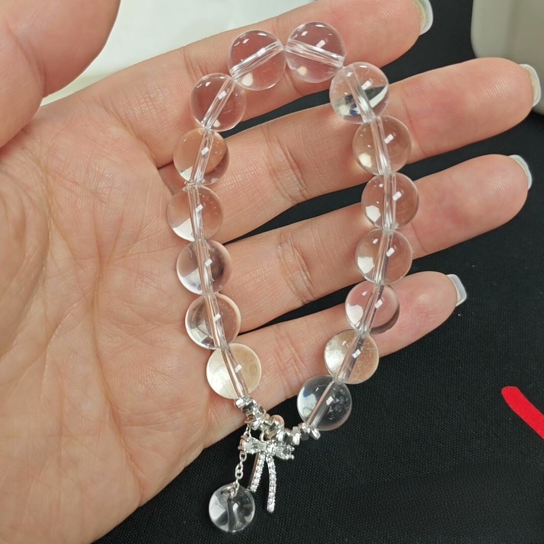 天然白水晶手链女款单圈手串饰品礼物送女友闺蜜礼物蝴蝶结滴流