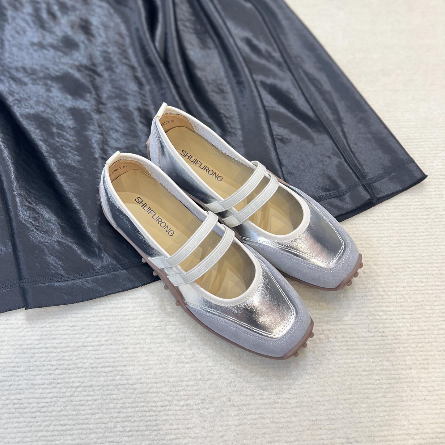 2026年春季新款磨砂真皮拼接防滑一松紧带一脚蹬方头平底玛丽珍鞋,女鞋,玛丽珍鞋,淘宝优惠券,粉丝福利购,淘宝优惠卷