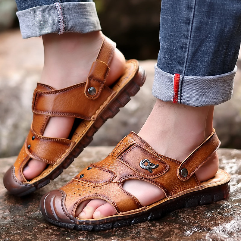THE FIRST LAYER OF COWHIDE COW TENDON SOLE SANDALS MENS LEATHER SOFT SOLES TOE BEACH SHOES NON-SLIP AND WEAR-RESISTANT WEAR OUTSIDE AND DRIVE SLIPPERS TIDE