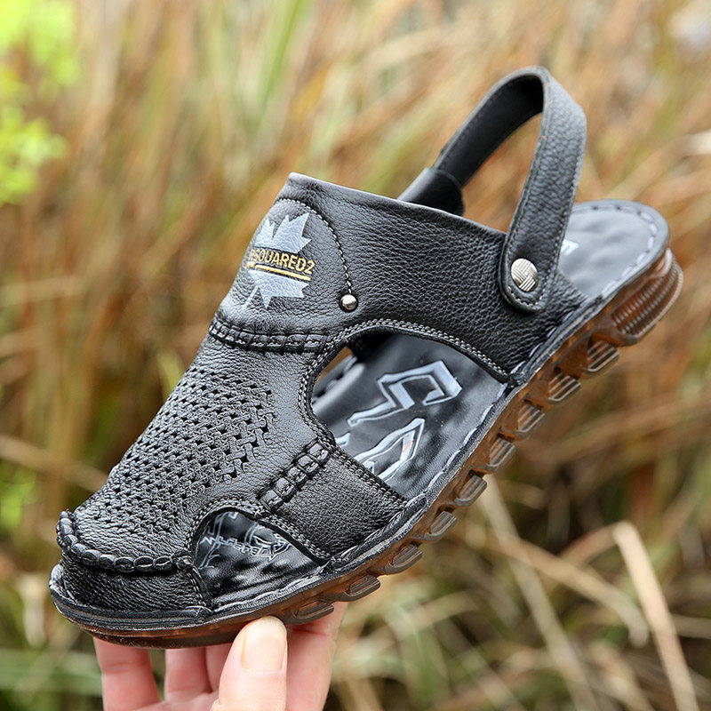 SUMMER COW TENDON SOLE SANDALS MENS TOP LAYER COWHIDE CASUAL BEACH SHOES TOE SOFT SOLES LEATHER DAD SHOES WEAR NON-SLIP OUTSIDE
