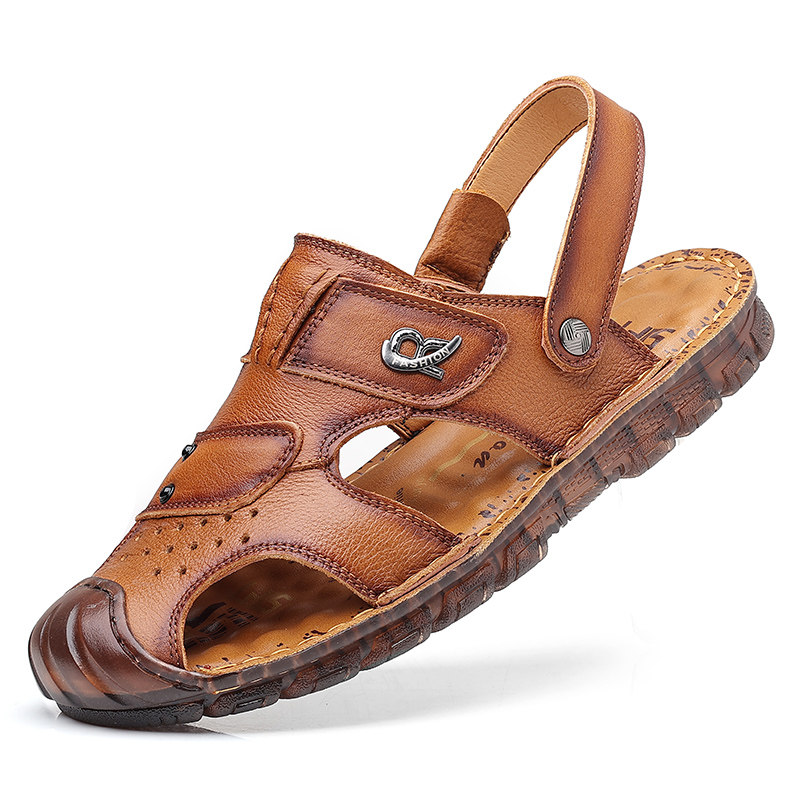 THE FIRST LAYER OF COWHIDE COW TENDON SOLE SANDALS MENS LEATHER SOFT SOLES TOE BEACH SHOES NON-SLIP AND WEAR-RESISTANT WEAR OUTSIDE AND DRIVE SLIPPERS TIDE