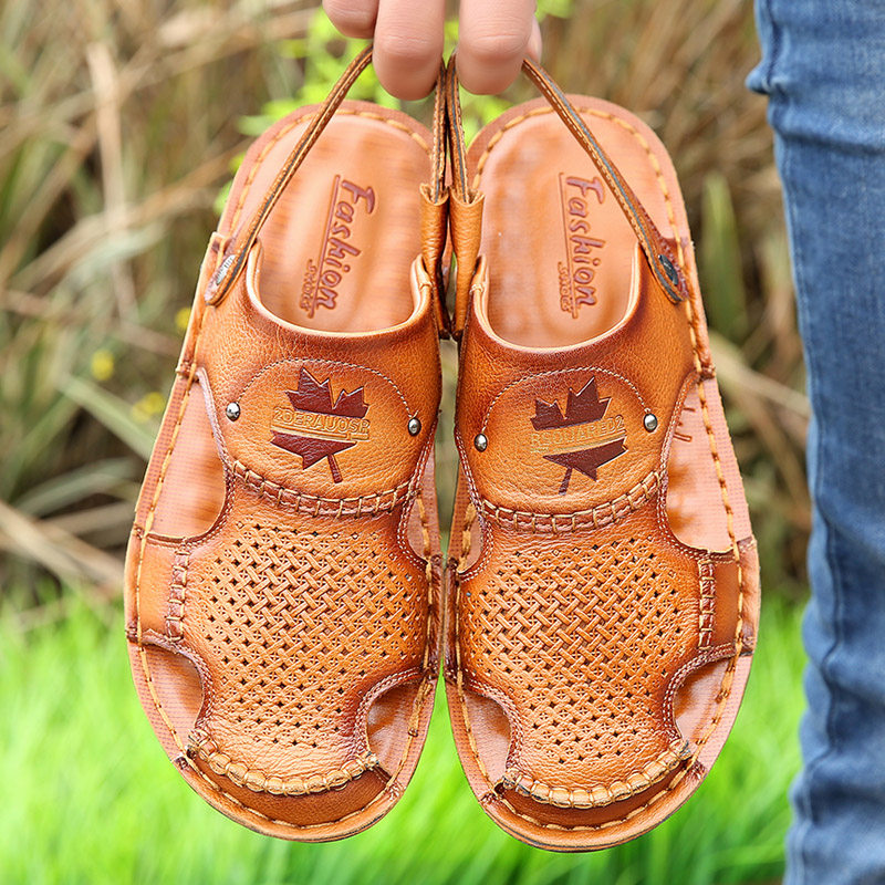 SUMMER COW TENDON SOLE SANDALS MENS TOP LAYER COWHIDE CASUAL BEACH SHOES TOE SOFT SOLES LEATHER DAD SHOES WEAR NON-SLIP OUTSIDE