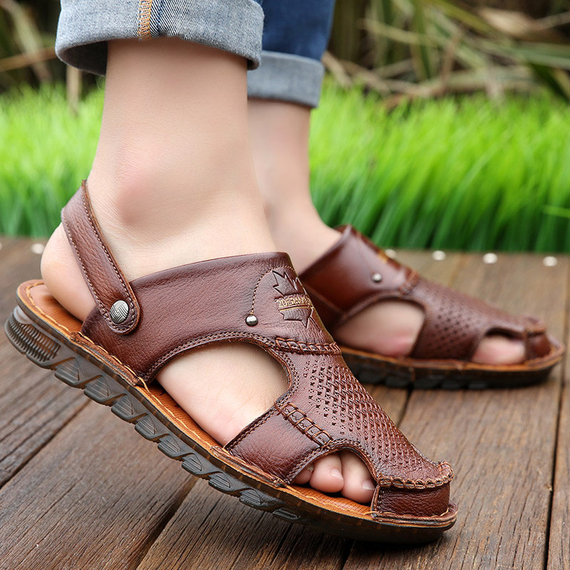SUMMER COW TENDON SOLE SANDALS MENS TOP LAYER COWHIDE CASUAL BEACH SHOES TOE SOFT SOLES LEATHER DAD SHOES WEAR NON-SLIP OUTSIDE