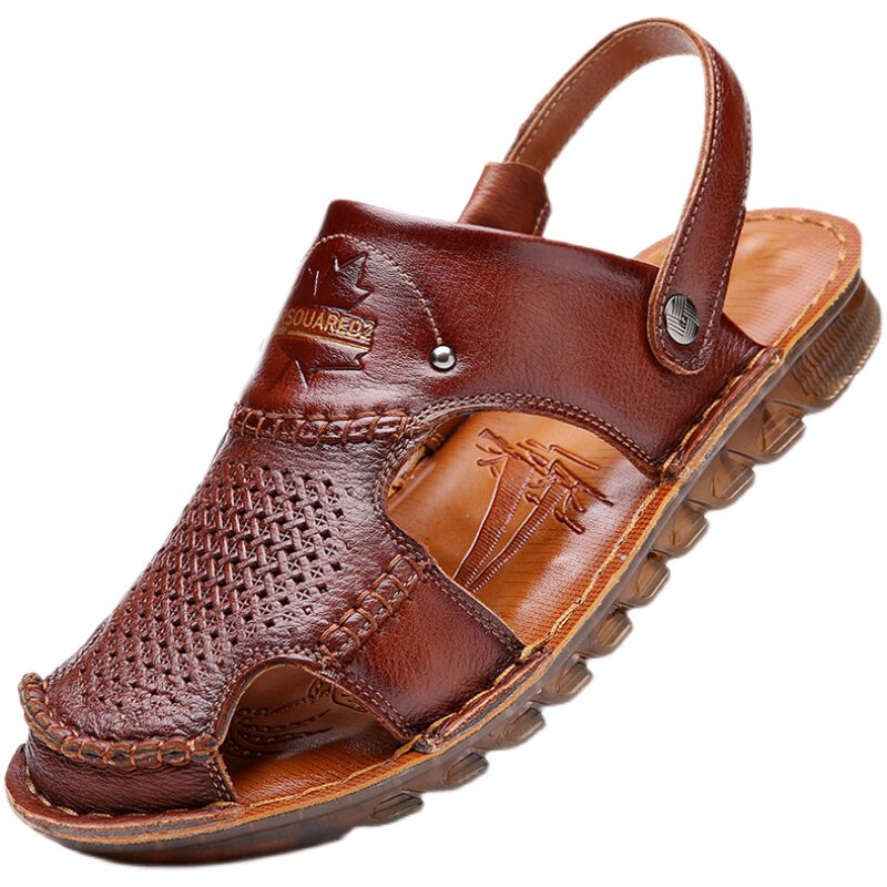 SUMMER COW TENDON SOLE SANDALS MENS TOP LAYER COWHIDE CASUAL BEACH SHOES TOE SOFT SOLES LEATHER DAD SHOES WEAR NON-SLIP OUTSIDE