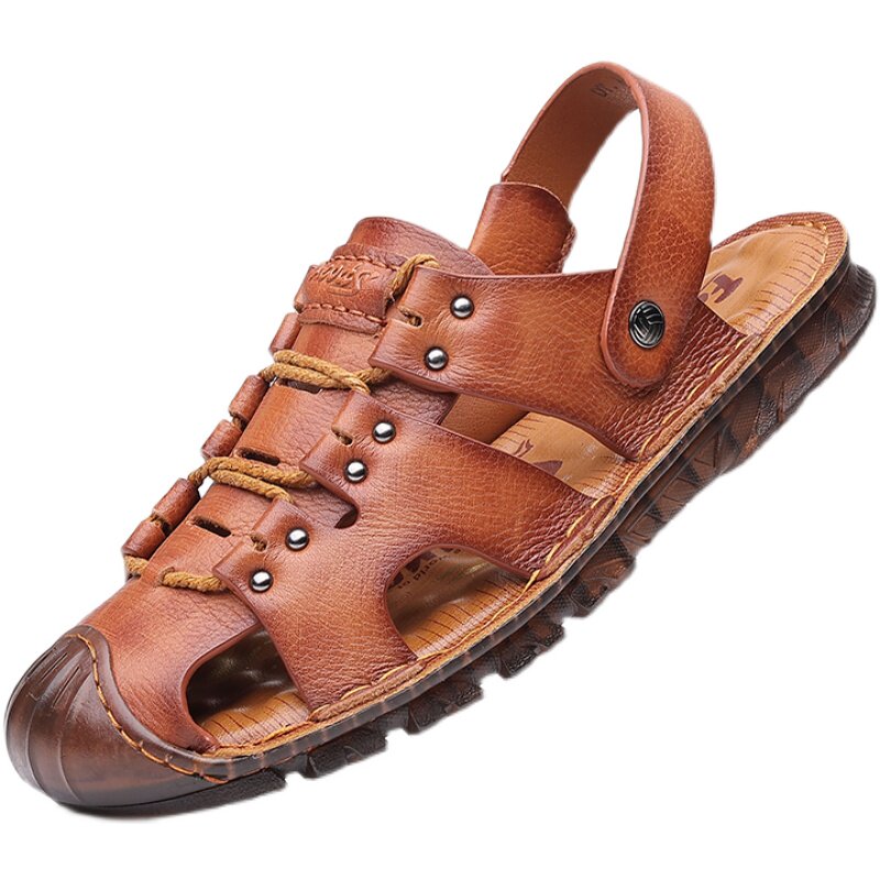 2022 NEW SUMMER LEATHER BEACH SHOES BREATHABLE BAOTOU MENS SANDALS UPPER LAYER COWHIDE COW TENDON SOLE NON-SLIP OUTDOOR