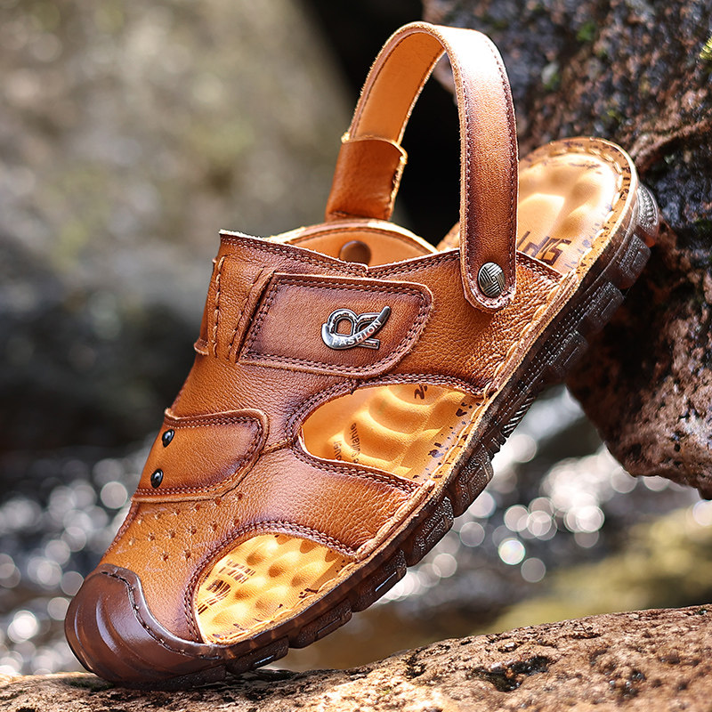 THE FIRST LAYER OF COWHIDE COW TENDON SOLE SANDALS MENS LEATHER SOFT SOLES TOE BEACH SHOES NON-SLIP AND WEAR-RESISTANT WEAR OUTSIDE AND DRIVE SLIPPERS TIDE