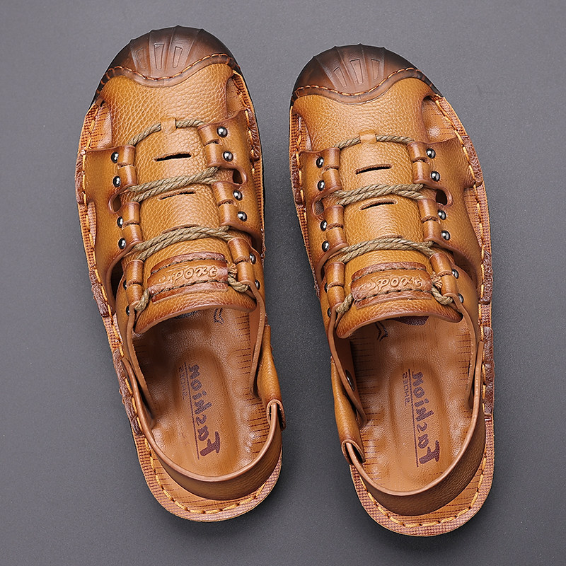 2022 NEW SUMMER LEATHER BEACH SHOES BREATHABLE BAOTOU MENS SANDALS UPPER LAYER COWHIDE COW TENDON SOLE NON-SLIP OUTDOOR