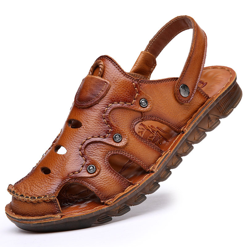 THE FIRST LAYER OF COWHIDE COW TENDON SOLE SANDALS MENS LEATHER CASUAL MIDDLE-AGED AND ELDERLY BAOTOU BEACH SHOES OUTDOOR LEATHER SANDALS NON-SLIP SUMMER