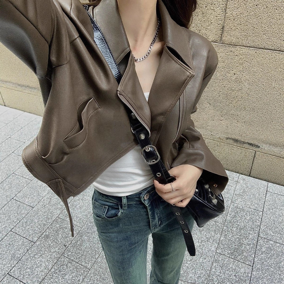 欧货翻领短款pu皮外套女2025春秋新款高级感机车炸街小个子皮夹克