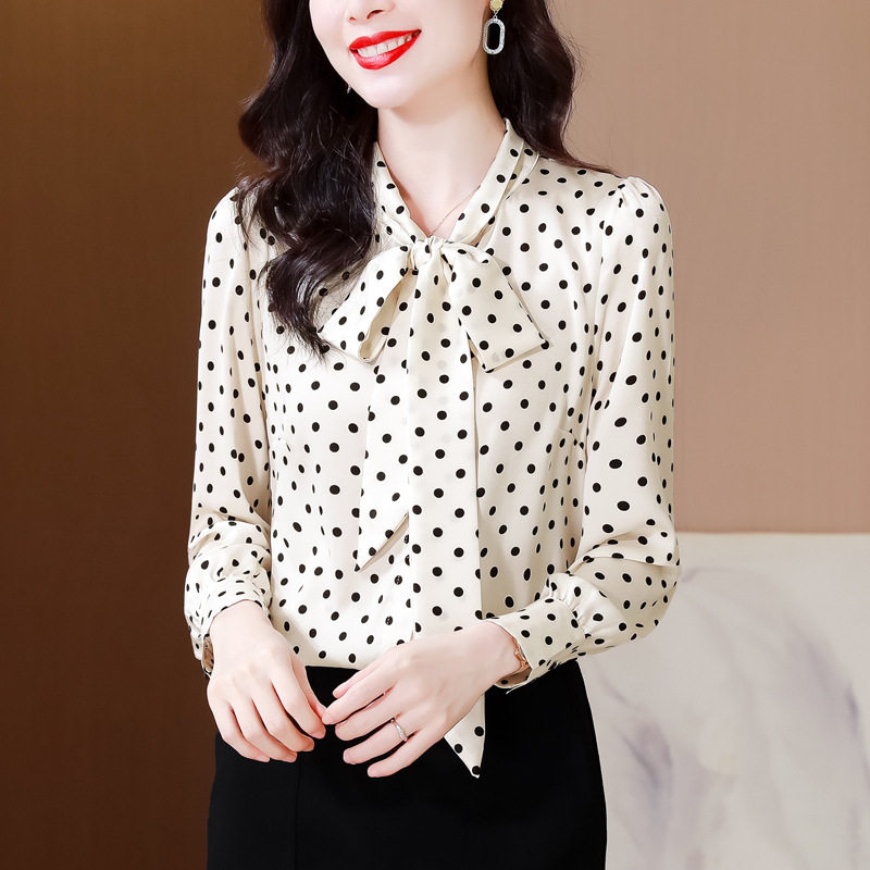 品牌高档真丝波点衬衫女士长袖秋新款蝴蝶结高级感桑蚕丝小衫