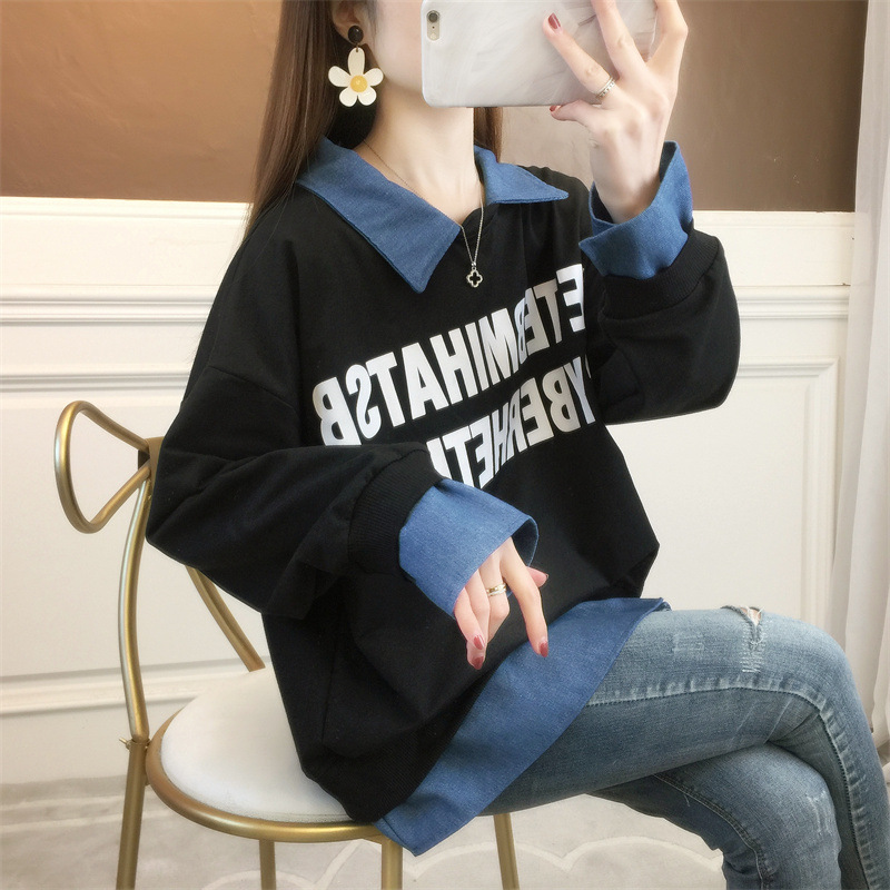 Polo领卫衣女2025秋季宽松大码学生装字母设计感假两件卫衣女