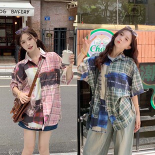 国潮设计感小众宽松短袖衬衫女2026夏季新款个性印花翻领上衣外套