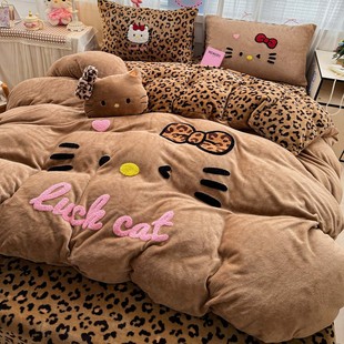 可爱kt猫四件套床上加绒牛奶绒被套学生宿舍冬季珊瑚绒床单三件套