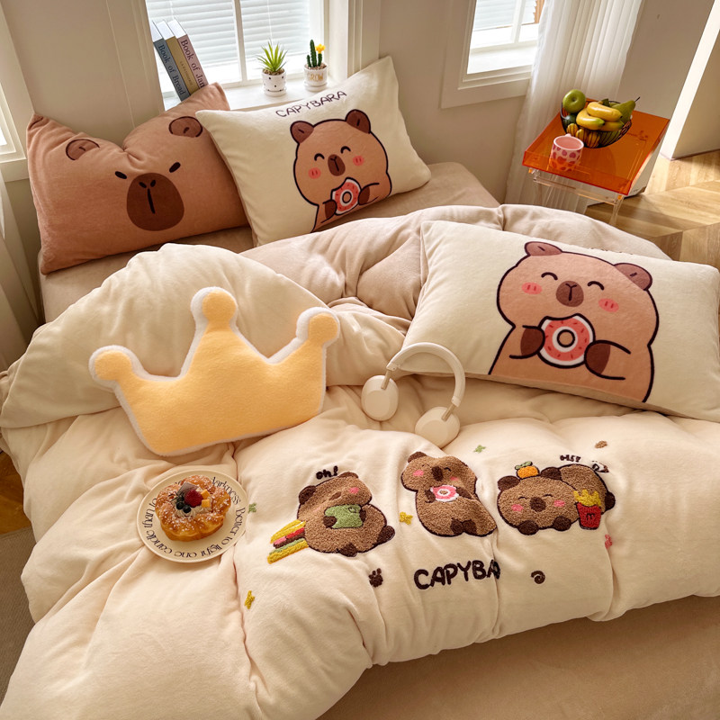 卡皮巴拉牛奶绒四件套可爱冬季珊瑚绒床单被套儿童卡通床上三件套,床上用品,床品套件/四件套/多件套,淘宝优惠券,粉丝福利购,淘宝优惠卷