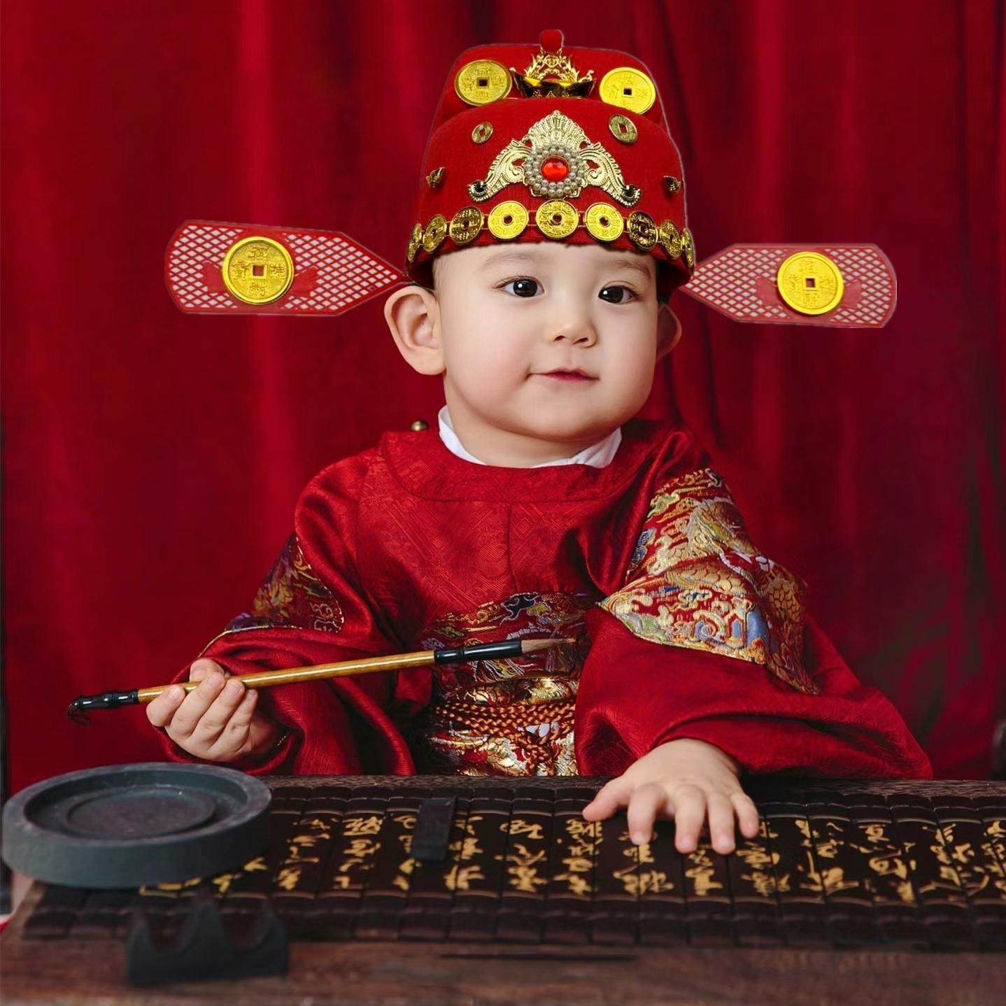 财神帽儿童暴富帽子摄影男童喜庆小财神爷头饰女童发财帽宝宝红色 - 宸夜 童装汉服出品