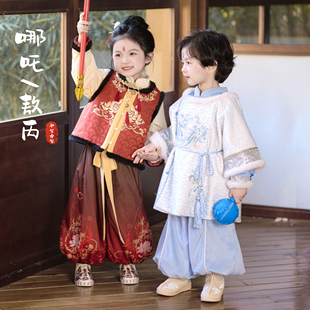哪吒服装冬款加绒加厚敖丙同款套装今兮古兮魔童汉服唐装男童女童