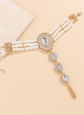 欧美女镶钻珍珠夸张一体式手链