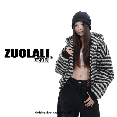 格子条纹连帽短款开衫外套