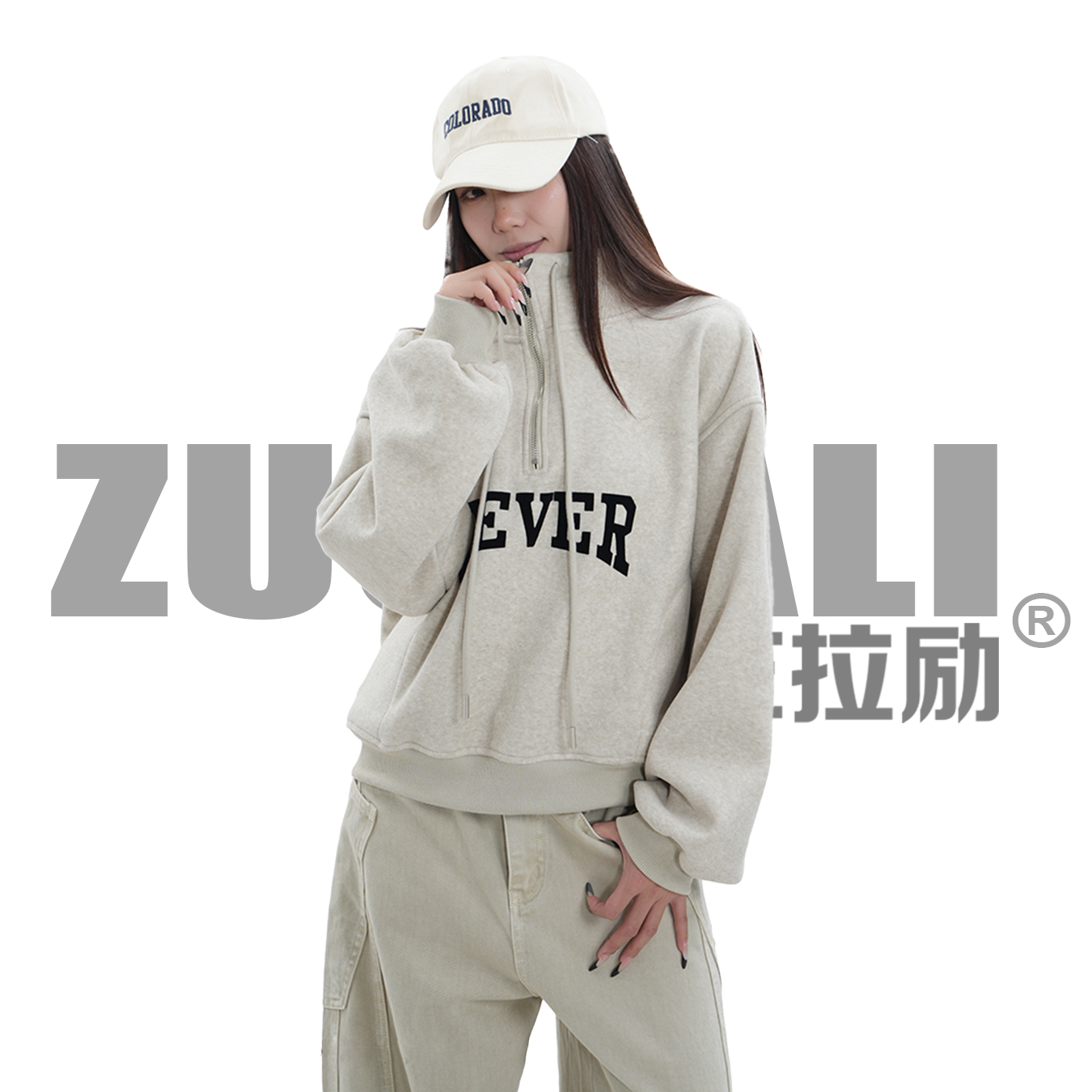 ZUOLALI/左拉励【字母卫衣】秋冬半拉链立领卫衣-加绒卫衣外套