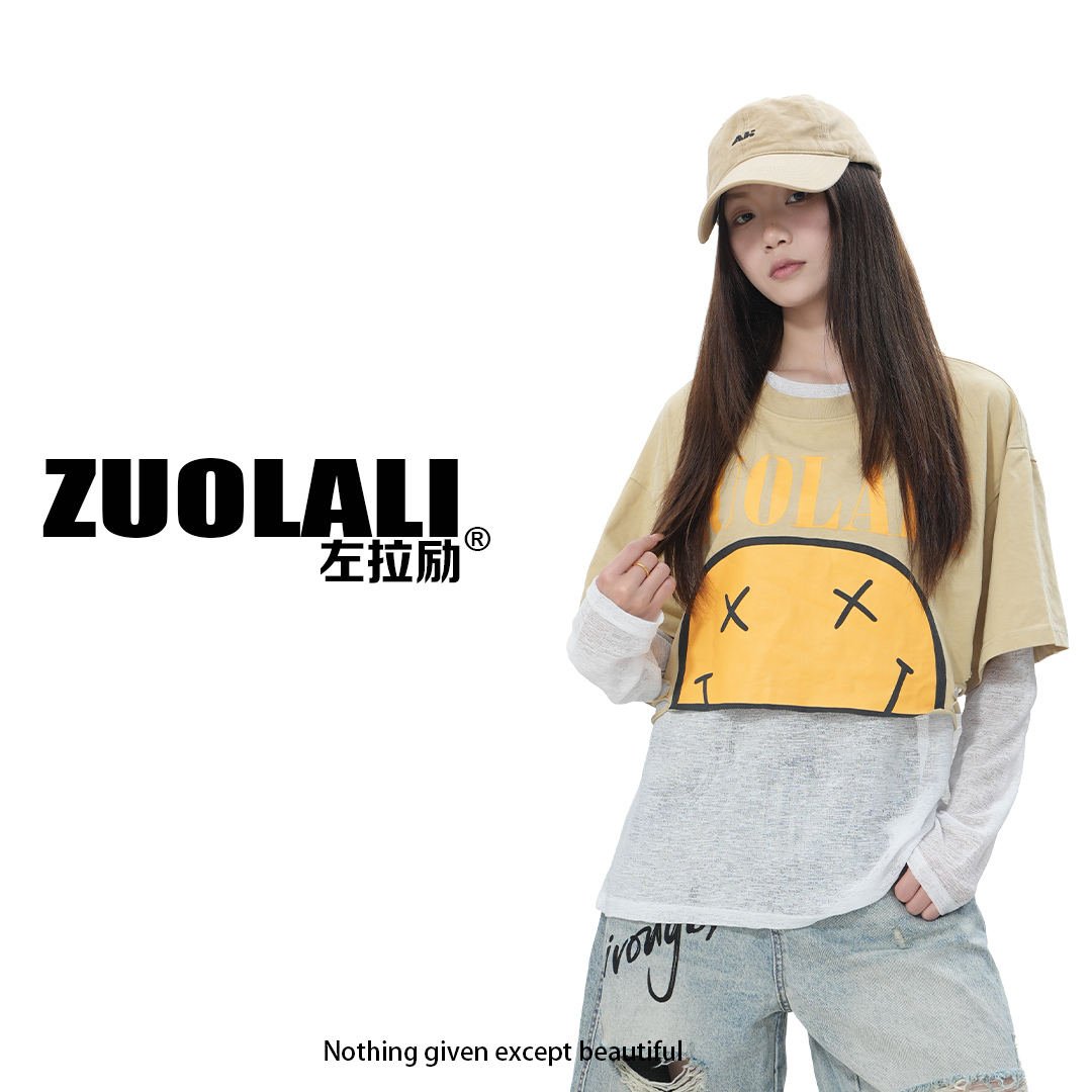 ZUOLALI/左拉励【笑脸T】新款破洞字母笑脸圆领设计-防晒上衣