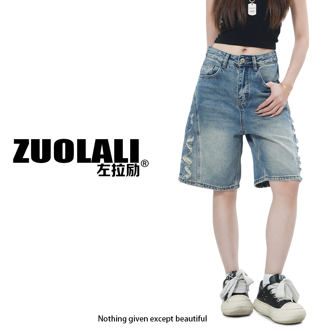 ZUOLALI/左拉励【黄色标语】街潮系列美式复古字母设计高腰五分裤