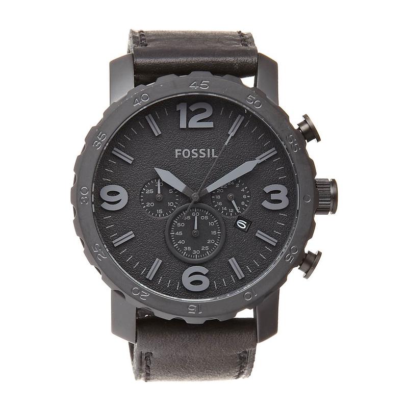 Fossil/化石男士石英计时腕表黑皮表带简约防水大气压