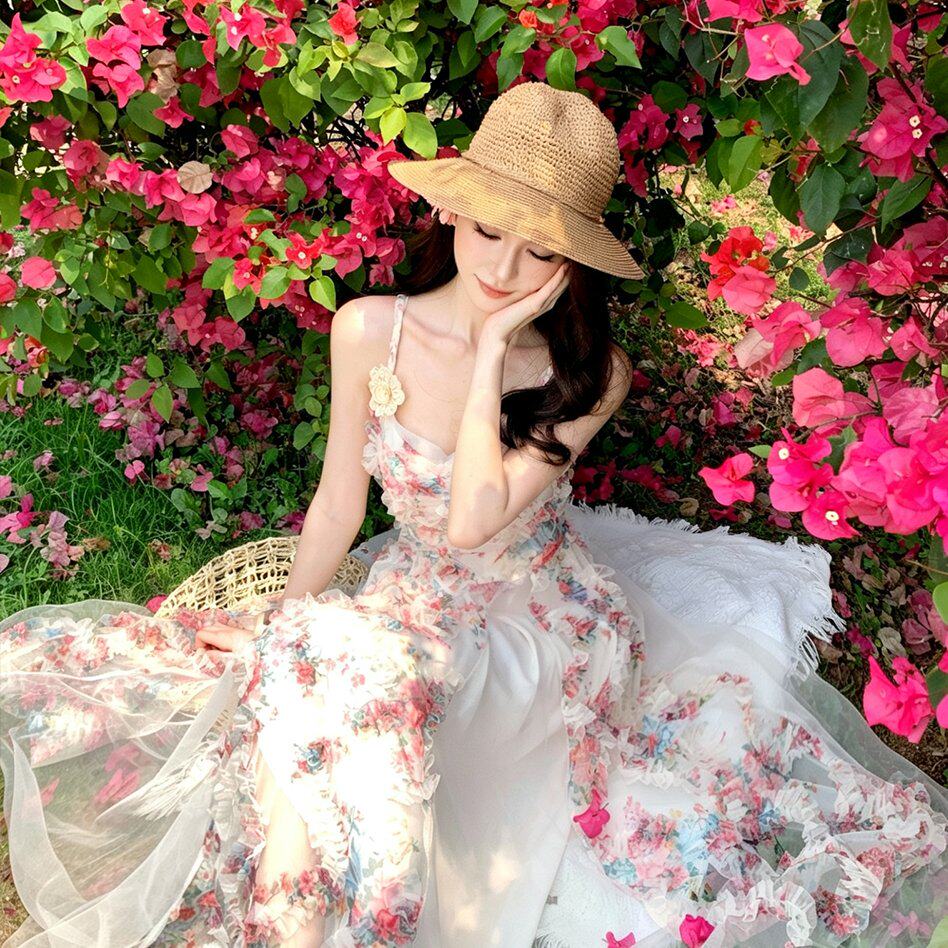 超好看独特漂亮套装女夏季海边度假吊带连衣裙海边度假拼接网纱裙