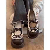 春秋百搭配裙子玛丽珍单鞋 黑色蝴蝶结浅口厚底小皮鞋 女2025新款 子