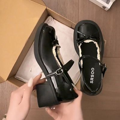 2025秋季法式蕾丝蝴蝶结粗高跟小皮鞋子配裙子日系玛丽珍鞋女单鞋
