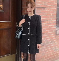 韩国代购mocobling复古淑女小香风粗花呢连衣裙修身气质长袖纽扣