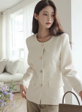韩国代购ode圆领小香风西装外套女春秋端庄气质法式名媛上衣短款