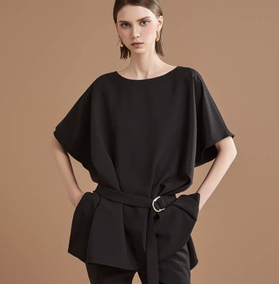 韩国代购dint圆领衬衫套头衫夏季短袖宽松开叉气质上衣女有腰带