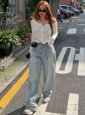 韩国代购hypnotic春秋宽松牛仔裤女裤水洗韩版显瘦老爹裤阔腿长裤