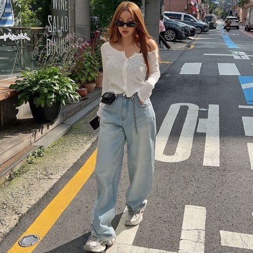 韩国代购hypnotic春秋宽松牛仔裤女裤水洗韩版显瘦老爹裤阔腿长裤