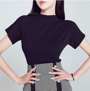 韩国代购 上衣 sweetglam半高领气质干练短袖 T恤女夏黑白色温柔修身