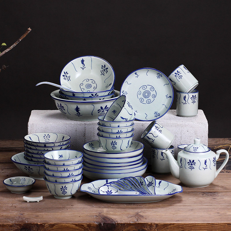 中式风复古釉下彩餐具陶瓷饭碗