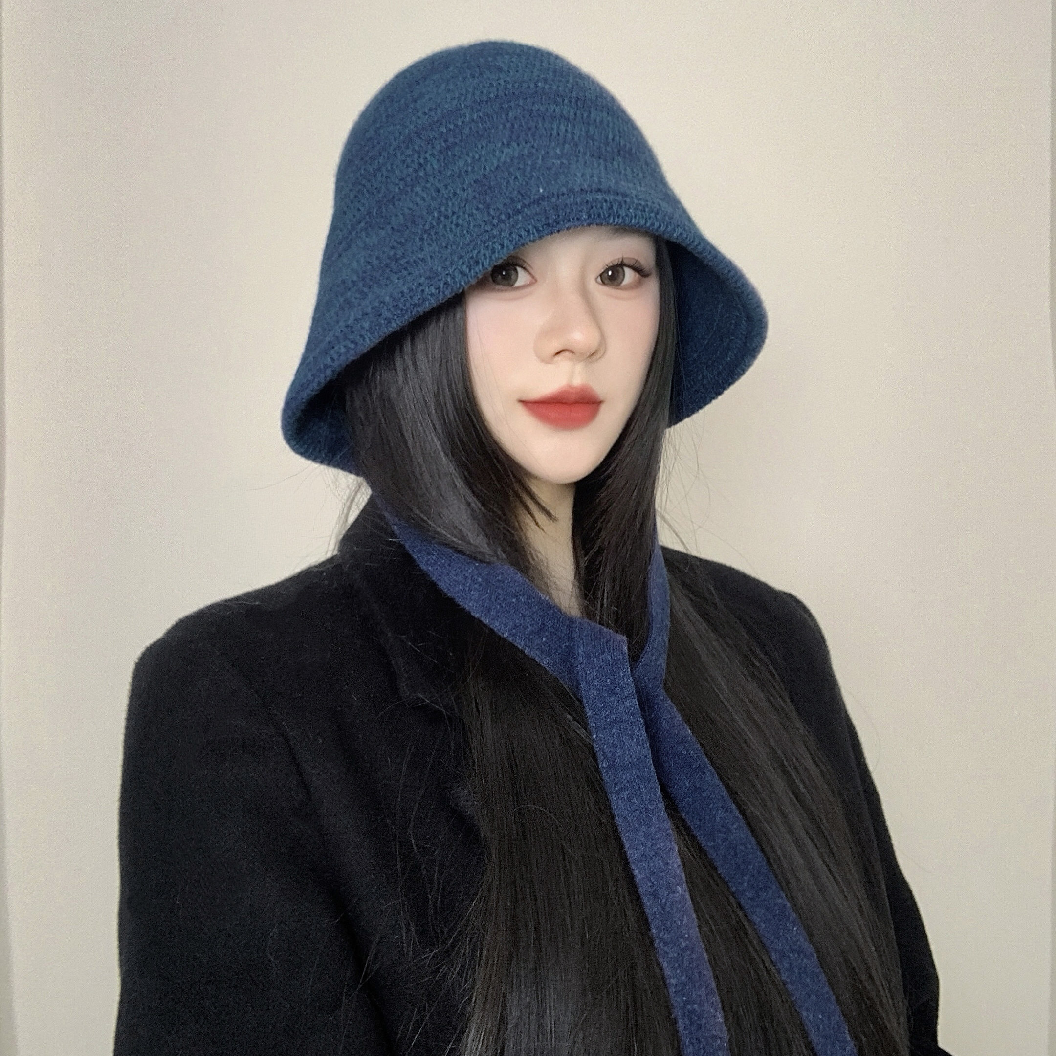 倪妮同款黑色帽子日系混色飘带羊毛渔夫帽女春秋百搭显脸小水桶帽