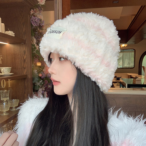 条纹毛绒毛毛帽子显脸小保暖护耳