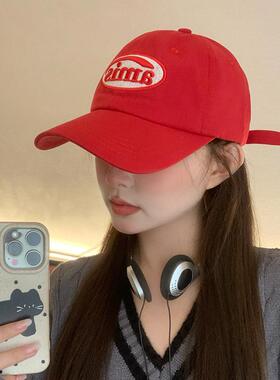 2026新款韩版红色棒球帽女秋冬ins百搭刺绣帽子软顶大头围鸭舌帽