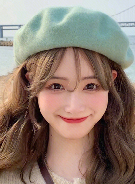 英伦复古羊毛贝雷帽女百搭圆脸适合英伦复古黑色画家毛呢蓓蕾帽子