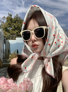 70棉纱小方巾韩版可爱小兔子爱心印花丝巾海边防晒拍照高级感发带