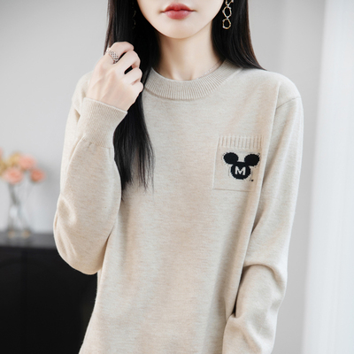 秋冬新款100%纯棉圆领小熊图案韩版长袖宽松内搭保暖显瘦打底女装