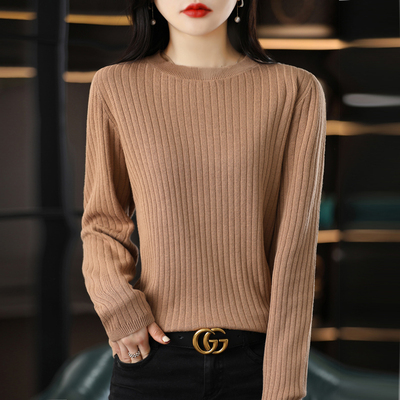 精梳棉秋冬款圆领女抽条内搭打底衫洋气百搭宽松针织百搭上衣