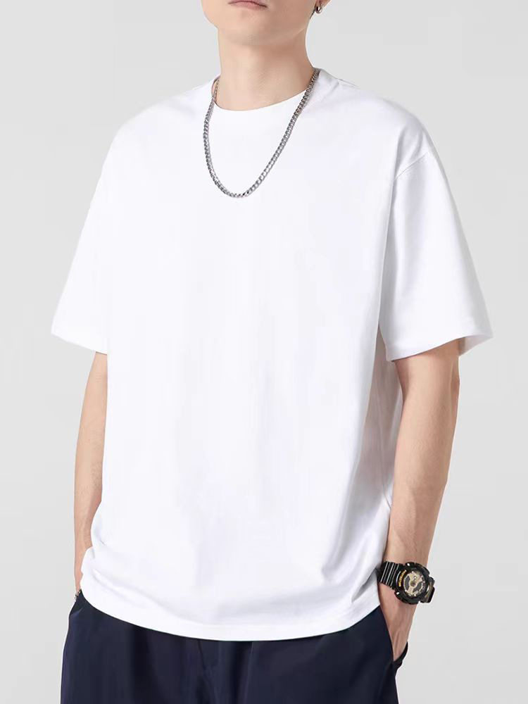 短袖男士T恤重磅纯棉休闲风衣服潮流纯色体恤宽松打底衫女情侣装